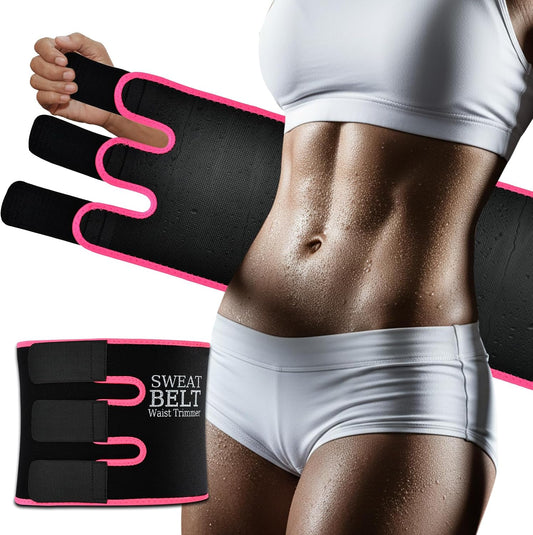 Unisex sweat waist trainer for fat loss shown on a fit person, black and pink waist trimmer for effective workouts.