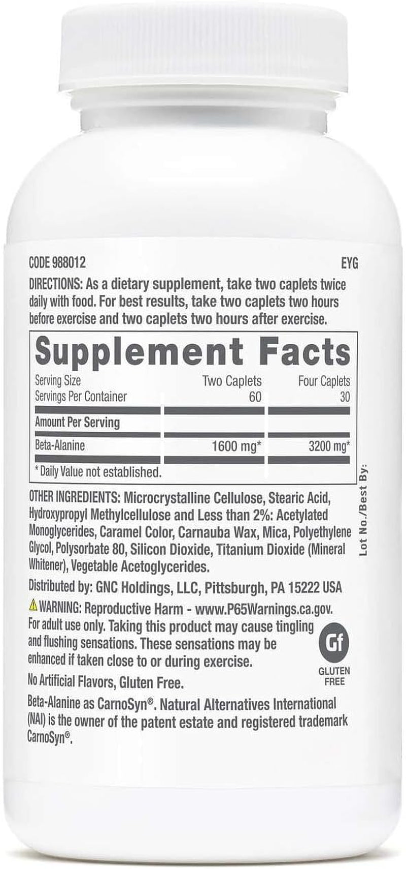 GNC Pro Performance Beta-Alanine, Increases Workout Performance & Decreases Muscle Soreness, Shown to Increase a Key Fatigue Control Factor, 3Rd Party Tested, Carnosyn, Unflavored, Gluten Free, 30 Svg