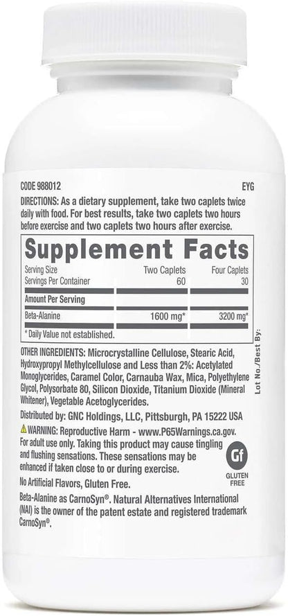 GNC Pro Performance Beta-Alanine, Increases Workout Performance & Decreases Muscle Soreness, Shown to Increase a Key Fatigue Control Factor, 3Rd Party Tested, Carnosyn, Unflavored, Gluten Free, 30 Svg