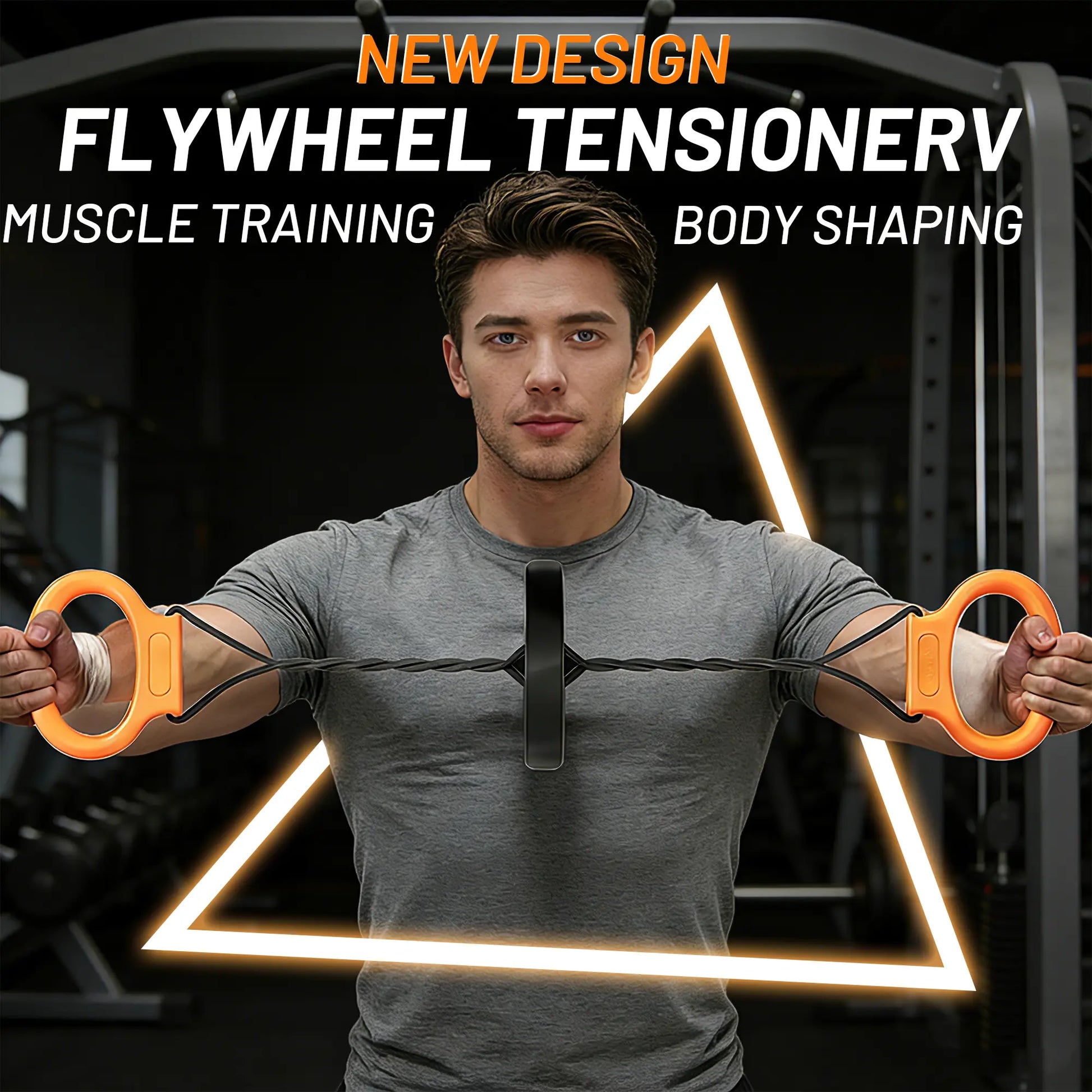 Fitness Essentials flywheel resistance bands with handles for portable home workouts targeting arms, back, and shoulders.