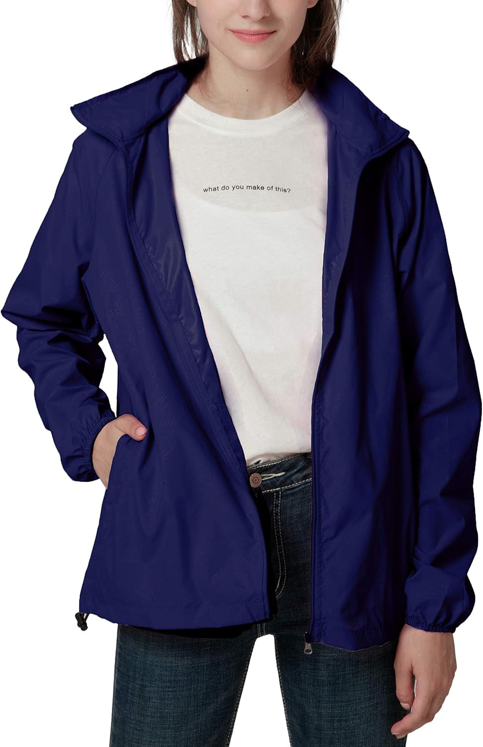 Women’s lightweight waterproof windbreaker jacket by Spmor, showing a packable, breathable running coat in vibrant color.