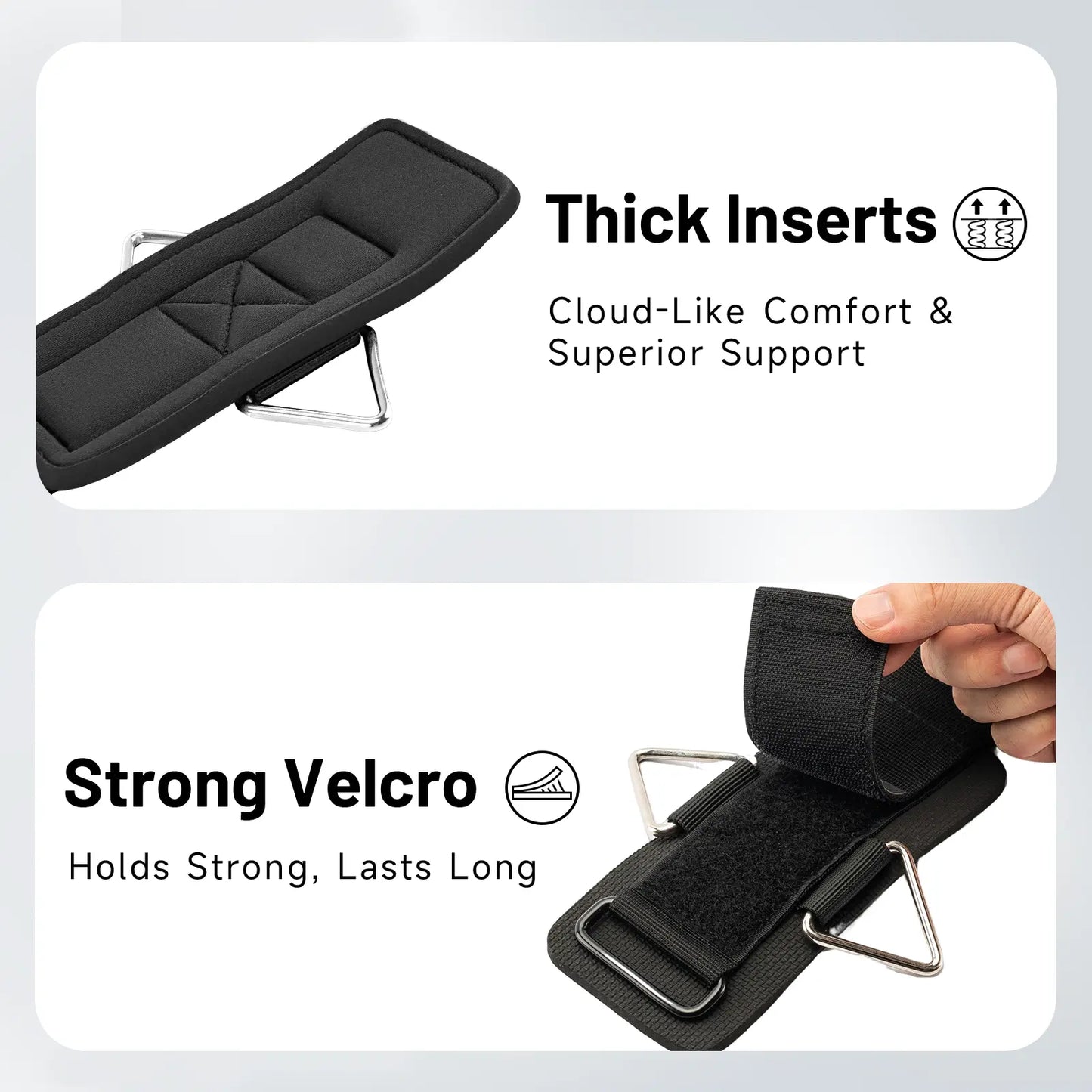Fitness Essentials MOST GRIP wrist cuffs with D-ring, neoprene padding, and wrist straps for weightlifting and cable machine workouts.