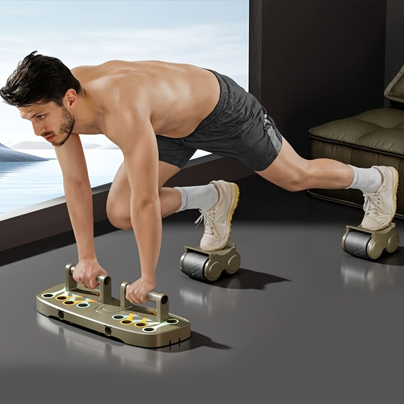User demonstrating Automatic Rebound Ab Wheel Core Trainer with Support during home workout session.