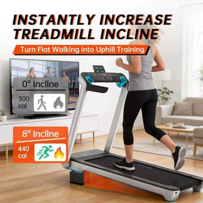 Adjustable treadmill incline risers for enhanced home workout; user running on incline treadmill with stability features.