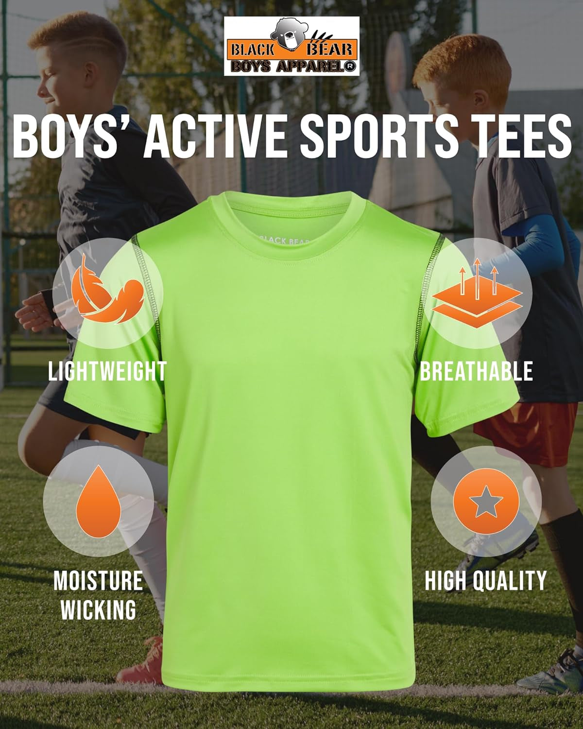 Black Bear boys' active athletic shirts, 4-pack, short sleeve dry fit performance youth T-shirts with black bear design.