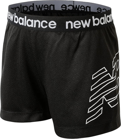 New Balance girls' activewear shorts set with a short sleeve T-shirt and gym shorts, ideal for sports and casual wear.