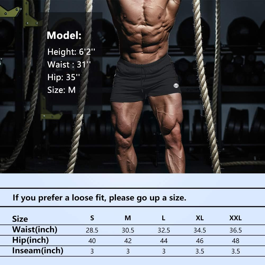 Men's MICOZIFY black gym workout shorts with 3-inch length and zipper pockets, designed for bodybuilding and running activities.