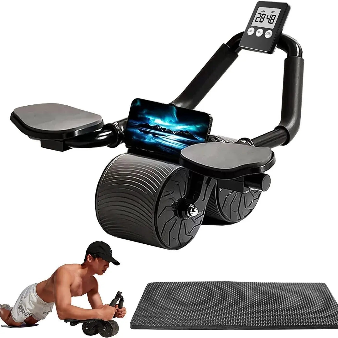 Ab Roller Wheel with elbow support for core and full-body workouts, featuring digital timer for home gym exercise routines.