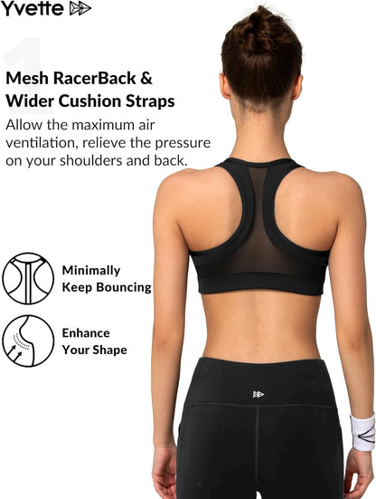 Yvette zip front high impact sports bra for women, plus size workout fitness and running support, shown on a model.