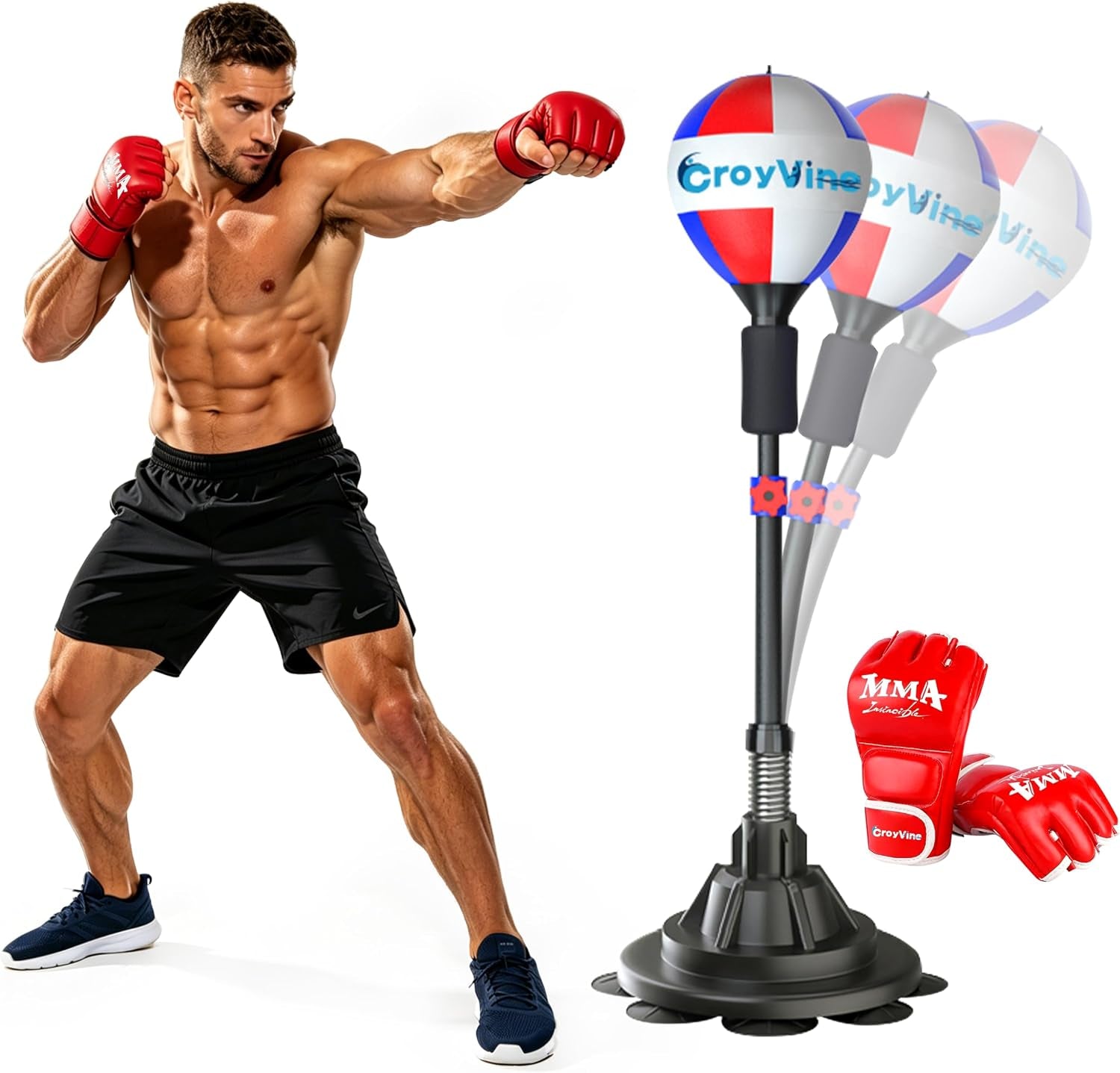 height adjustable reflex punching bag with a muscular man training, showcasing fitness and boxing skills.