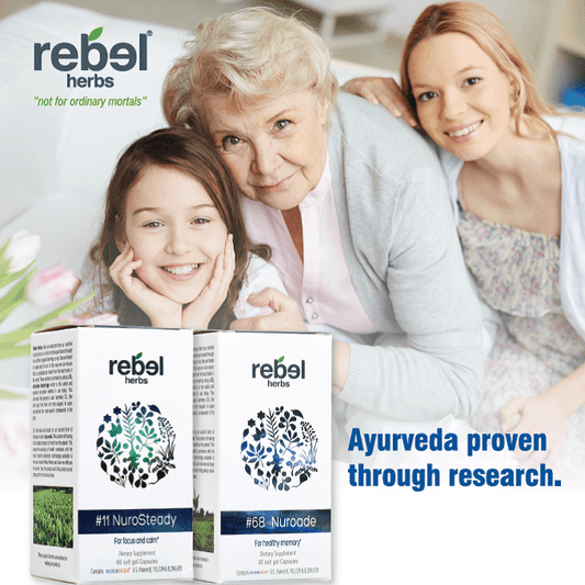 rebel herbs products #11 NuroSteady and #68 Nuroade for focus and memory support with happy family.