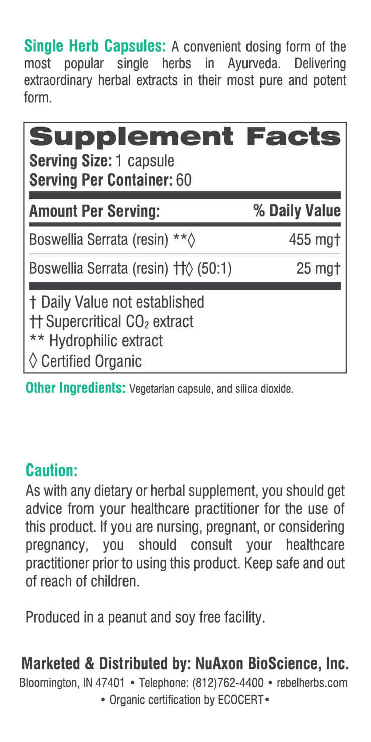 Boswellia Capsules Supplement Facts label showcasing ingredients for active lifestyle support.
