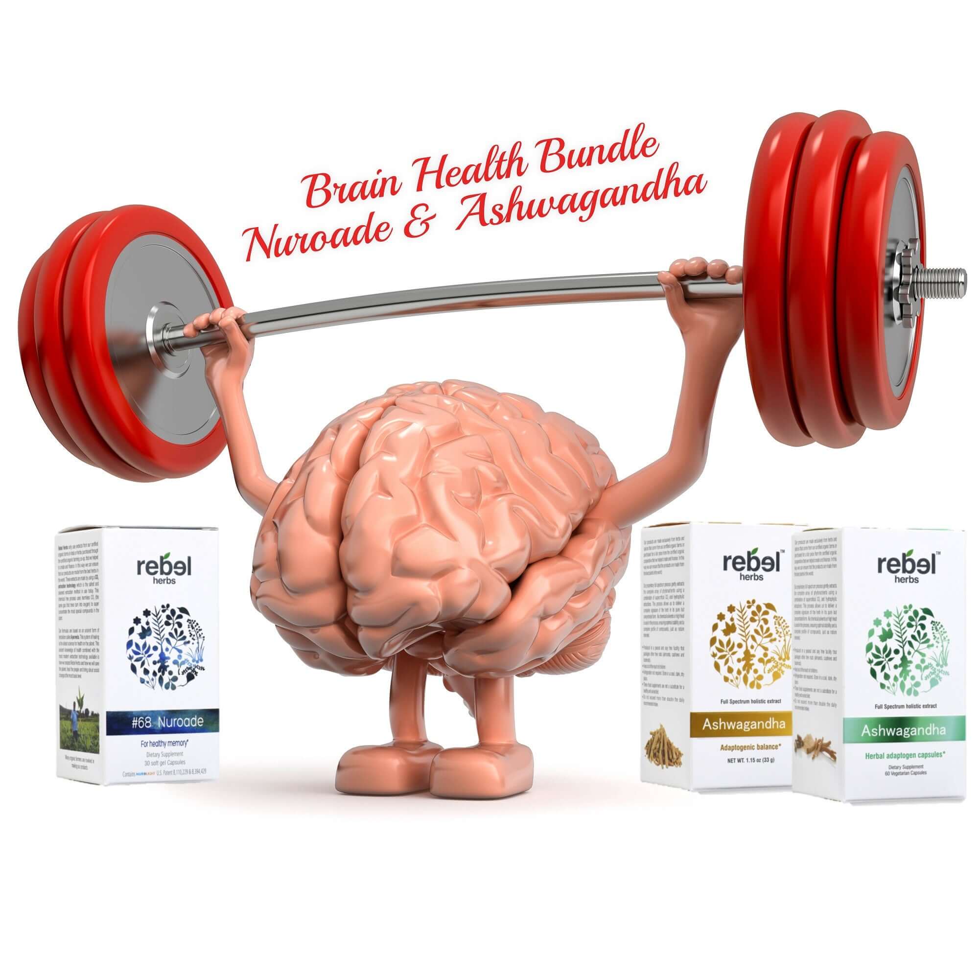 Brain stress supplement bundle featuring a brain lifting weights with Nuroade and Ashwagandha supplements.