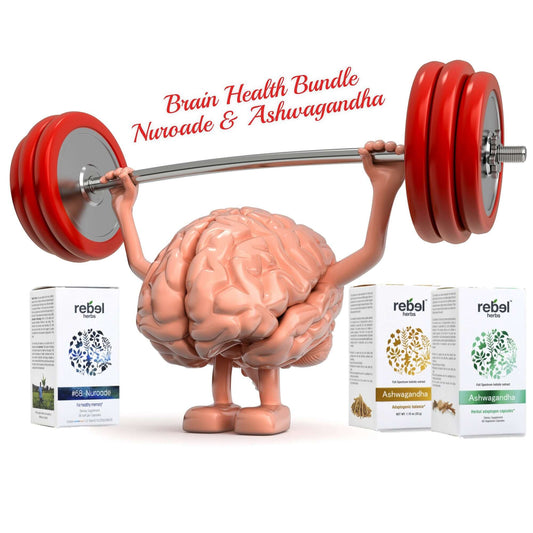Brain stress supplement bundle featuring a brain lifting weights with Nuroade and Ashwagandha supplements.