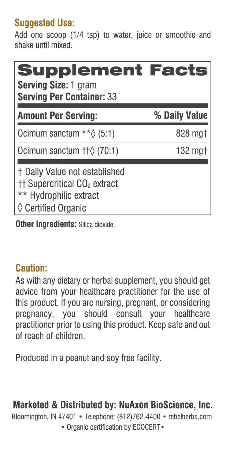 Supplement facts showing Holy Basil Dual Extracted Powder, ideal for holy basil workout supplement use.