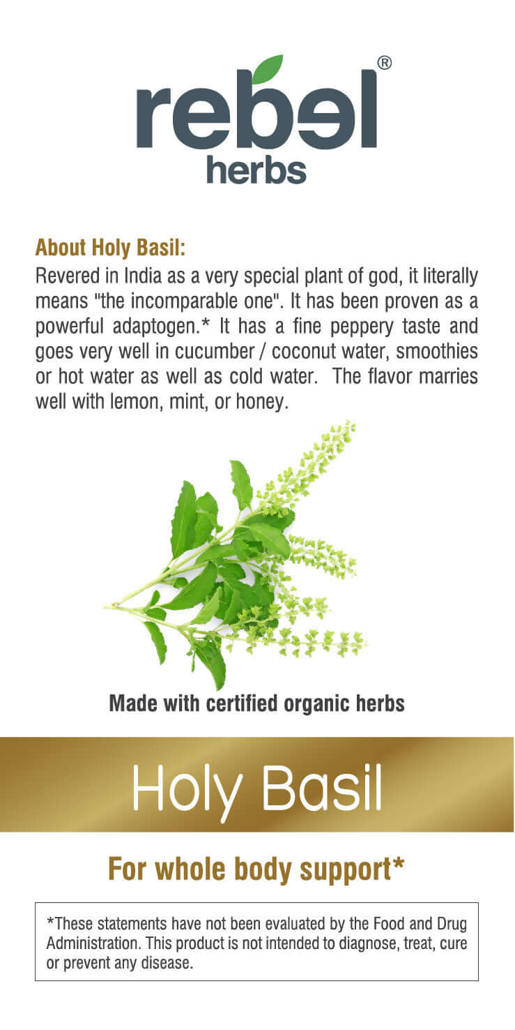 Holy Basil workout supplement shown with fresh holy basil leaves for holistic wellness support.