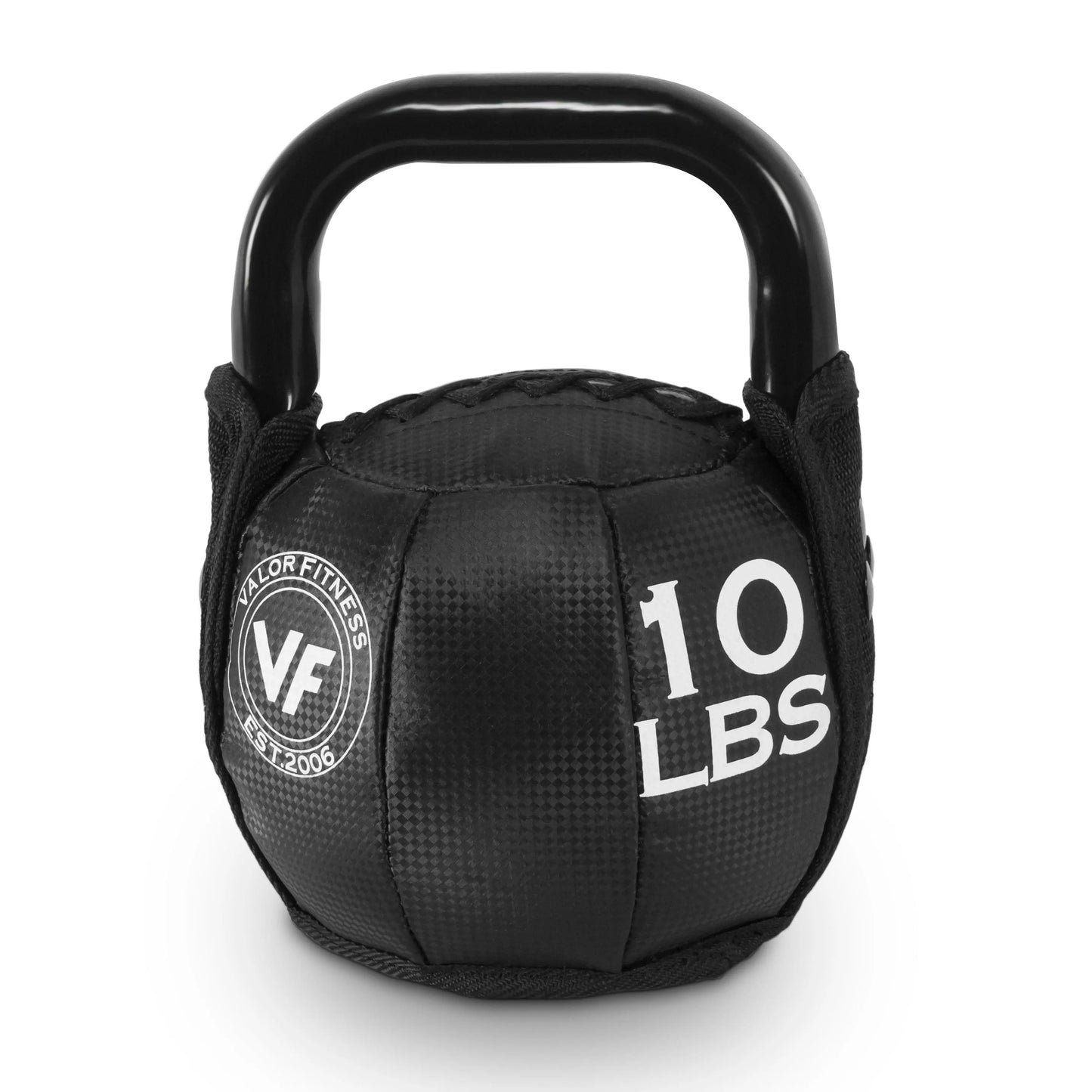 Soft kettlebell from Fitness Essentials weighing 10 pounds, made of durable material for safe strength training workouts.