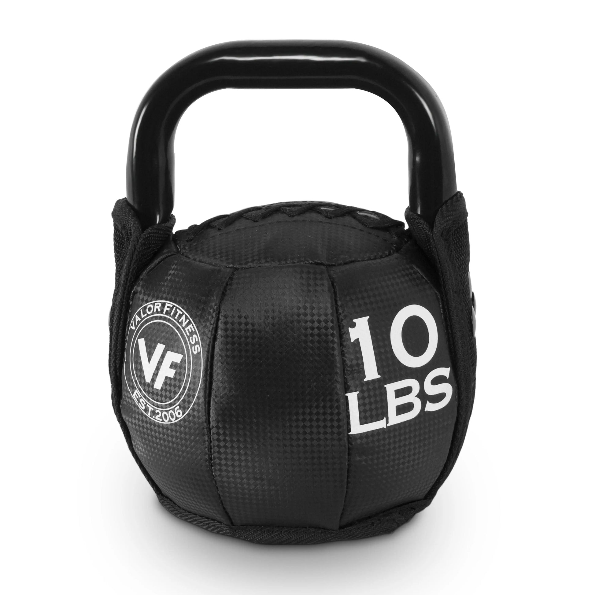Soft kettlebell from Fitness Essentials weighing 10 pounds, made of durable material for safe strength training workouts.