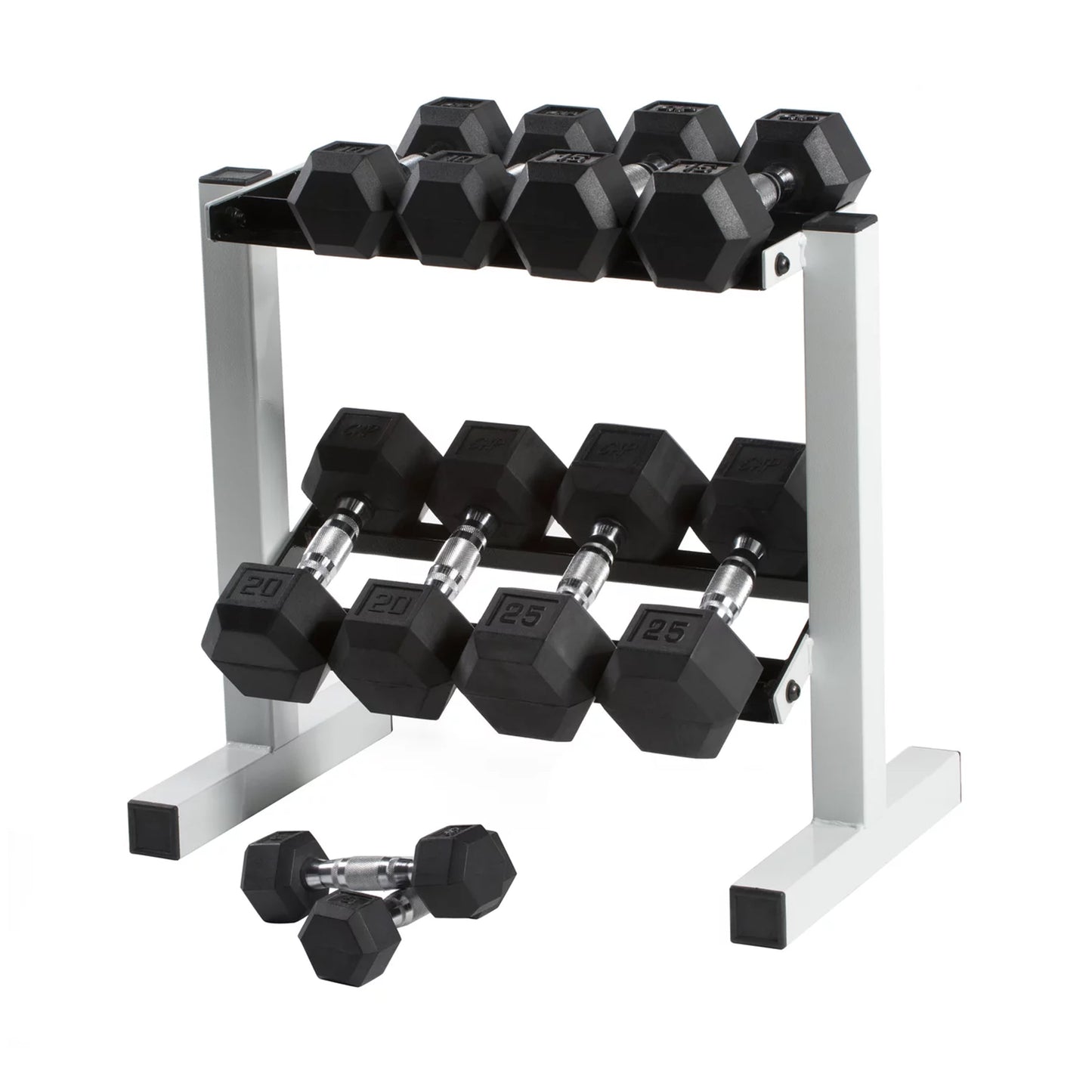 Fitness Essentials 150 lb coated hex dumbbell weight set with 5-25 lb weights on a white rack, ideal for strength training and home gyms.