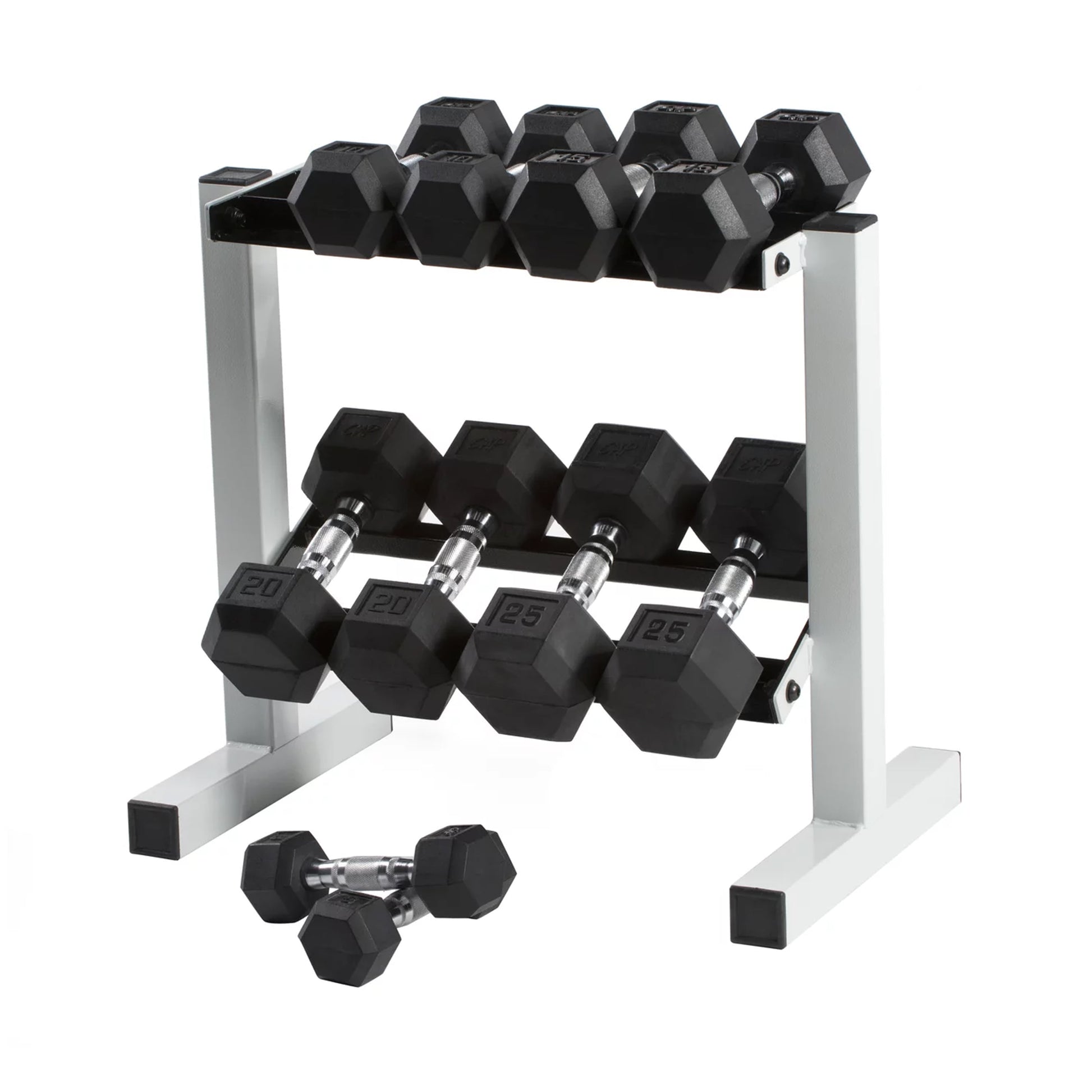Fitness Essentials 150 lb coated hex dumbbell weight set with 5-25 lb weights on a white rack, ideal for strength training and home gyms.