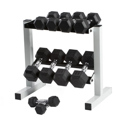 Fitness Essentials 150 lb coated hex dumbbell weight set with 5-25 lb weights on a white rack, ideal for strength training and home gyms.