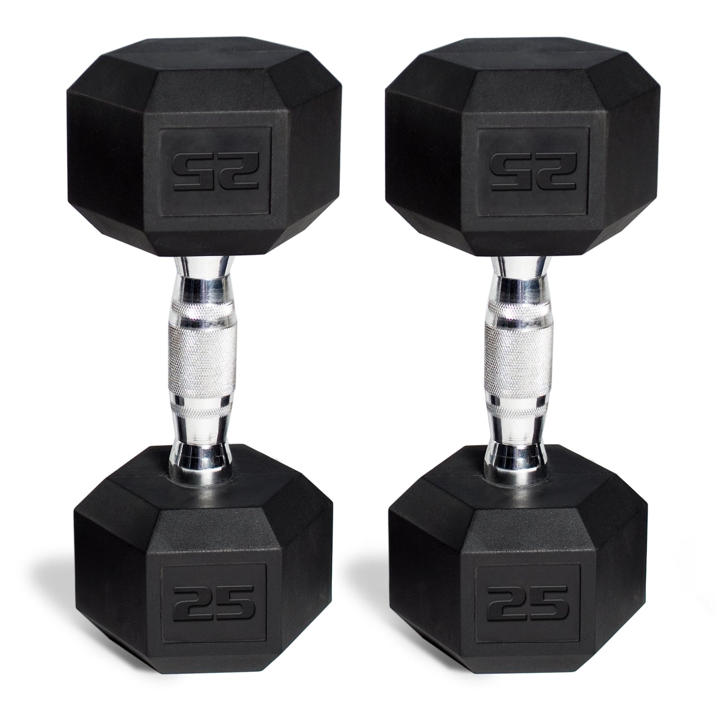 Fitness Essentials 150 lb coated hex dumbbell weight set with white rack, includes 5-25 lb dumbbells for strength training.