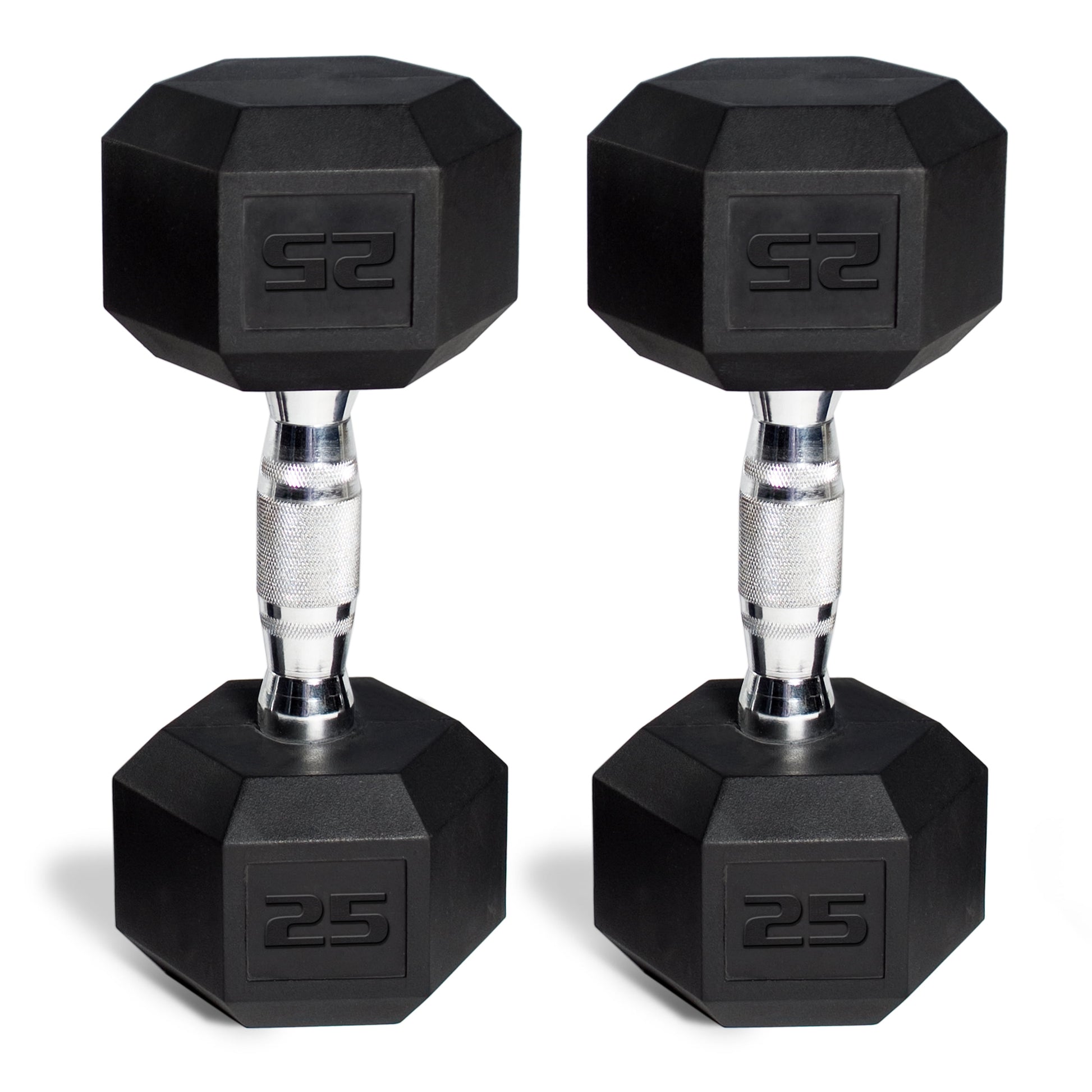 Fitness Essentials 150 lb coated hex dumbbell weight set with white rack, includes 5-25 lb dumbbells for strength training.