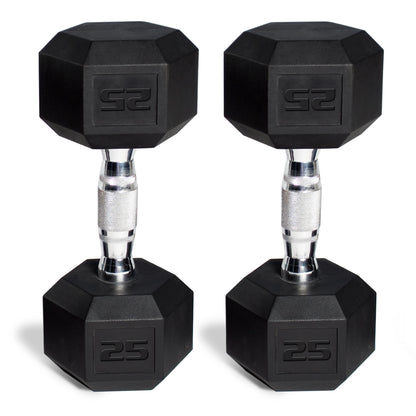 Fitness Essentials 150 lb coated hex dumbbell weight set with white rack, includes 5-25 lb dumbbells for strength training.