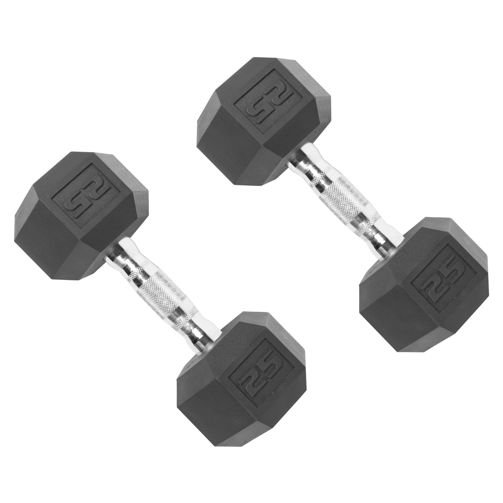 Set of coated hex dumbbells from 5 to 25 lbs with a white rack, by Fitness Essentials, for strength training and fitness workouts.