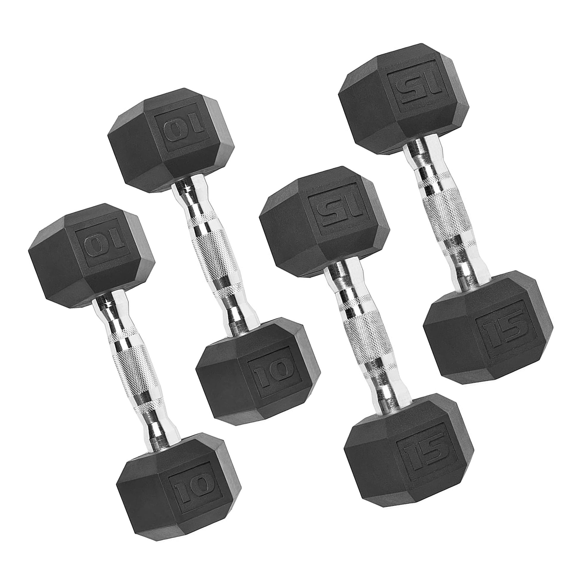 Fitness Essentials 150 lb coated hex dumbbell weight set with white rack, includes 5-25 lb dumbbells for strength training.