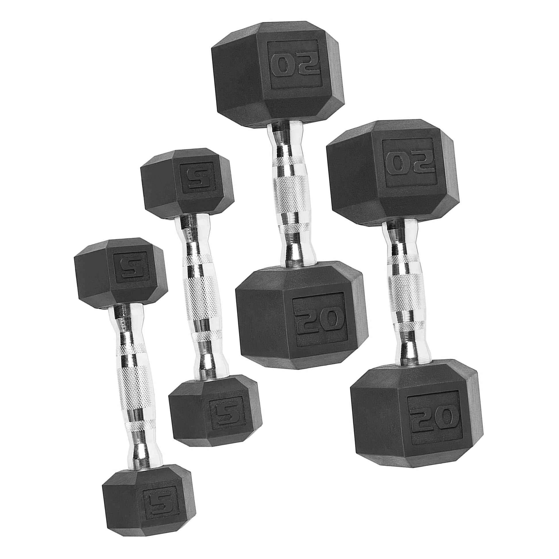 Fitness Essentials 150 lb coated hex dumbbell weight set with white rack, includes 5-25 lb dumbbells for strength training.
