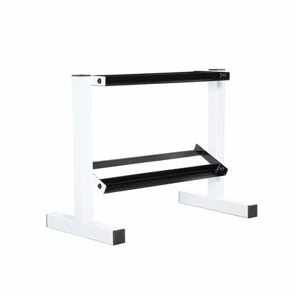 Fitness Essentials 150 lb coated hex dumbbell weight set with white rack, includes 5 to 25 lb dumbbells for strength training.