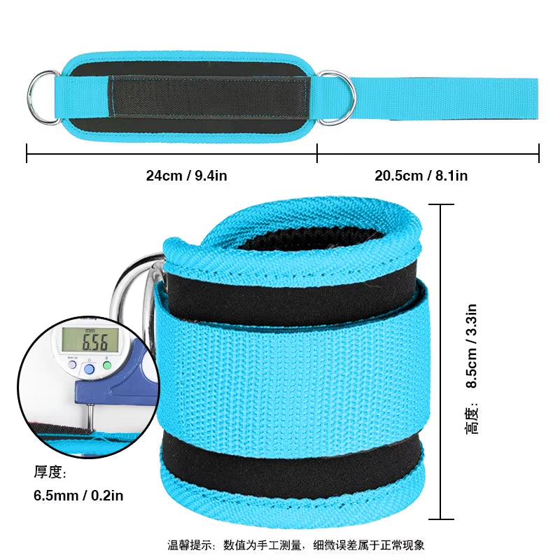 Adjustable Fitness Essentials ankle straps with D-ring, buckle, and foot support cuffs for gym leg strength workouts.
