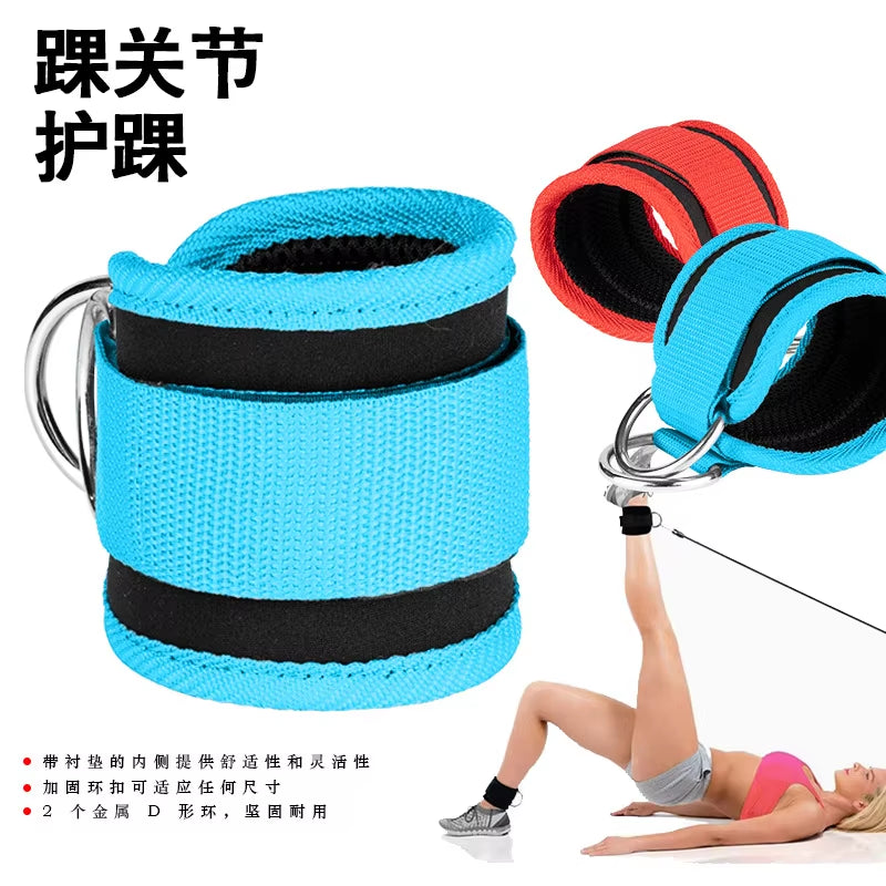 Adjustable Fitness Essentials ankle straps with D-ring support for gym leg workouts and pulley exercises, featuring buckle closure.