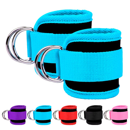 Adjustable Fitness Essentials ankle straps with D-ring, buckle, and foot support cuffs for gym leg strength workouts and pulley exercises.