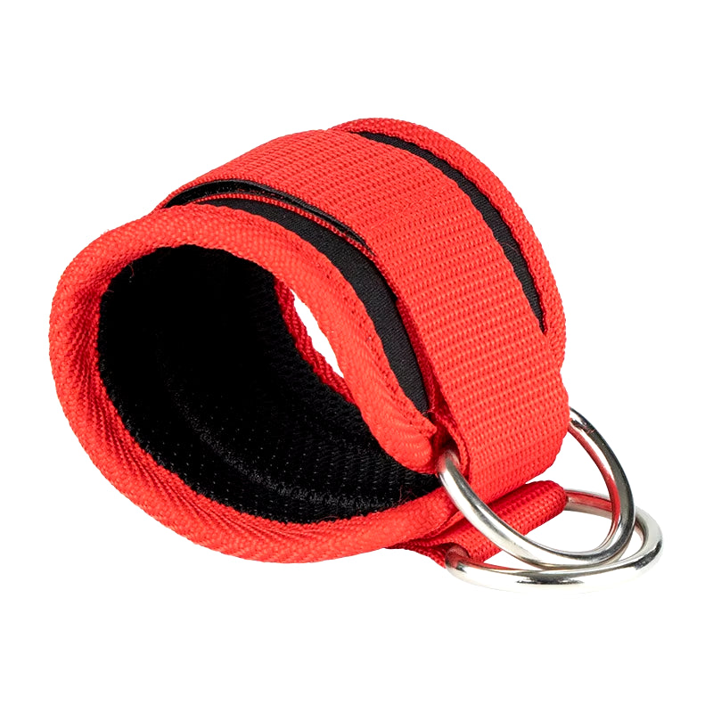 Adjustable Fitness Essentials ankle straps with D-ring, buckle, and foot support cuffs for gym leg strength workouts.