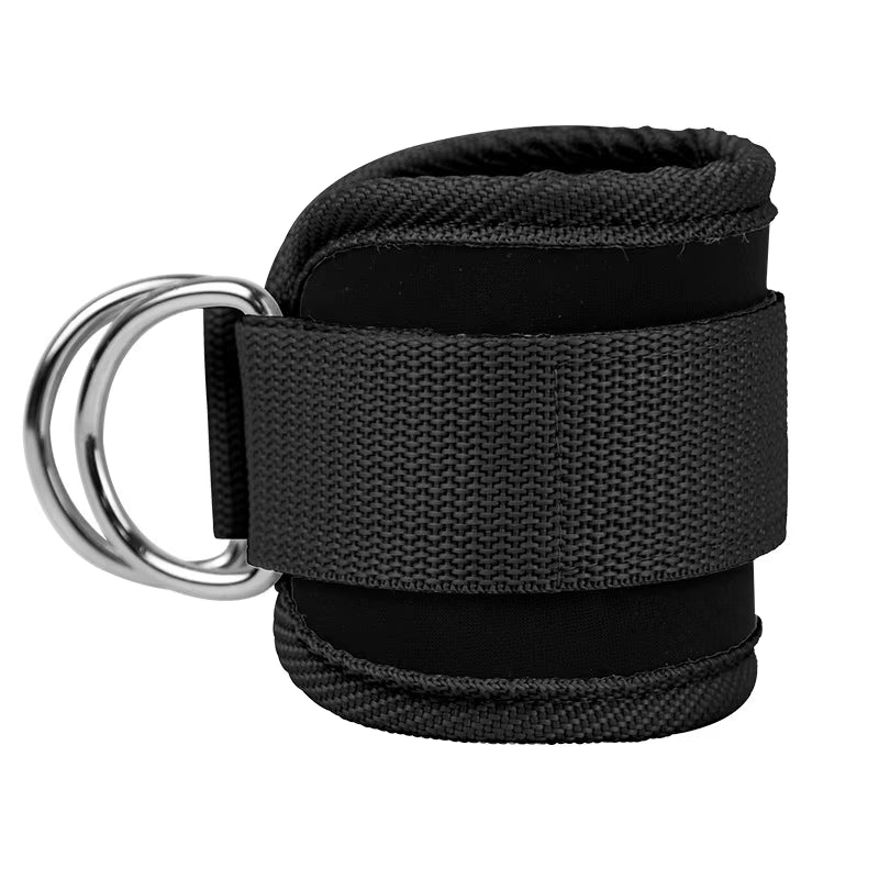 Adjustable Fitness Essentials ankle straps with D-ring, buckle, and foot support cuffs for gym leg workouts and strength training.