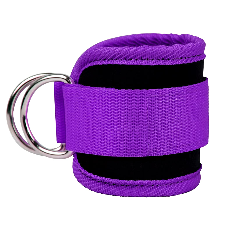 Adjustable Fitness Essentials ankle straps with D-ring support and buckle, used for leg strength workouts and pulley exercises.
