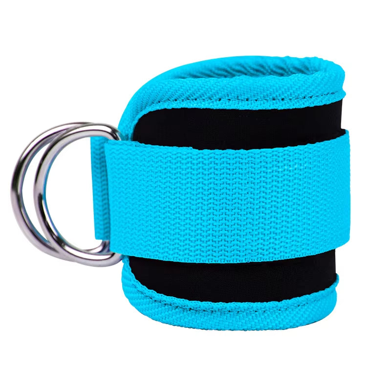 Adjustable Fitness Essentials ankle straps with D-ring support, buckle, and padded cuffs for gym leg workouts and foot protection.