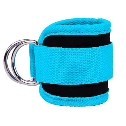 Adjustable Fitness Essentials ankle straps with D-ring support, buckle, and padded cuffs for gym leg workouts and foot protection.