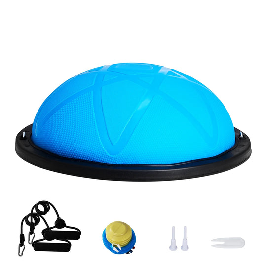 Pink Fitness Essentials 23-inch half balance ball trainer with resistance bands and foot pump for full-body home fitness.