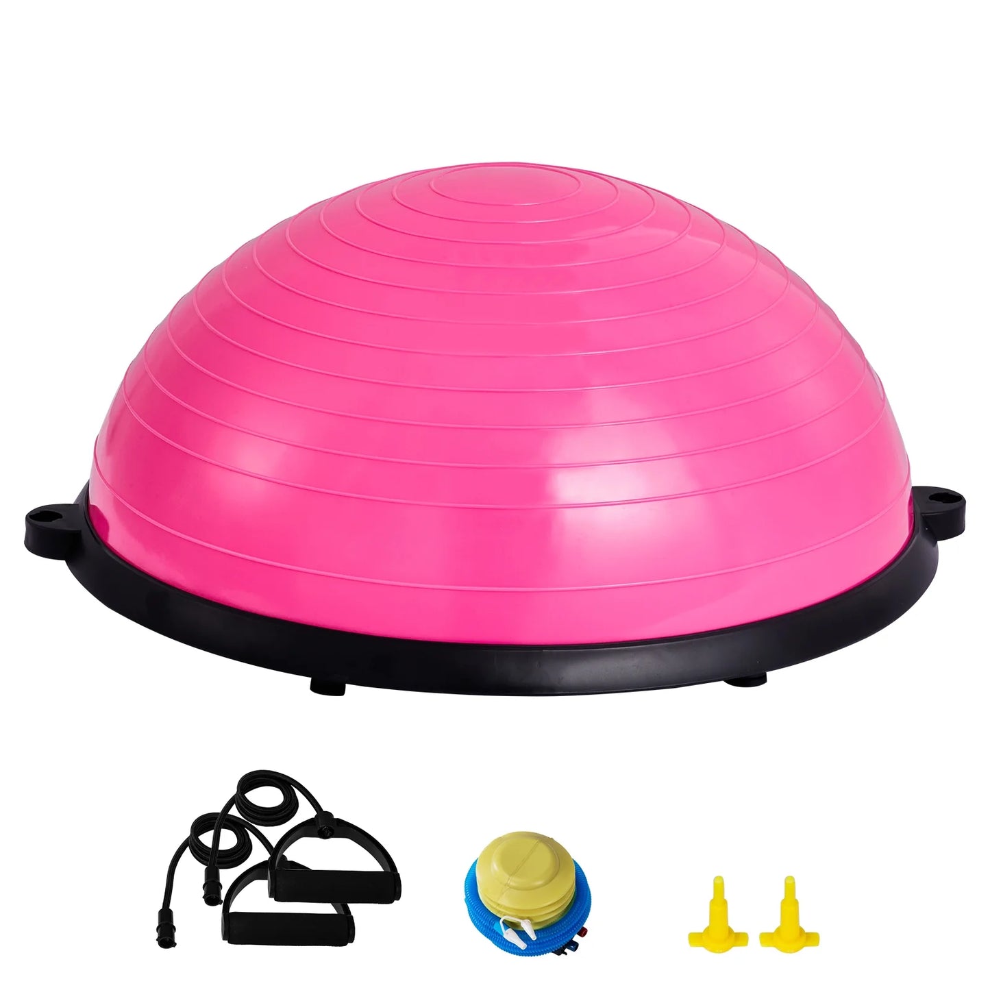 Pink Fitness Essentials Half Balance Ball Trainer with resistance bands and foot pump, 23-inch stability ball for full body home workouts.