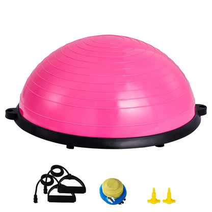 Pink Fitness Essentials Half Balance Ball Trainer with resistance bands and foot pump, 23-inch stability ball for full body home workouts.