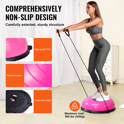 Pink 23-inch Fitness Essentials Half Balance Ball Trainer with resistance bands and foot pump for full body home gym workouts.
