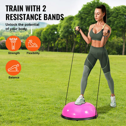 Pink Fitness Essentials 23-inch Half Balance Ball Trainer with resistance bands and foot pump for full body fitness and stability training.