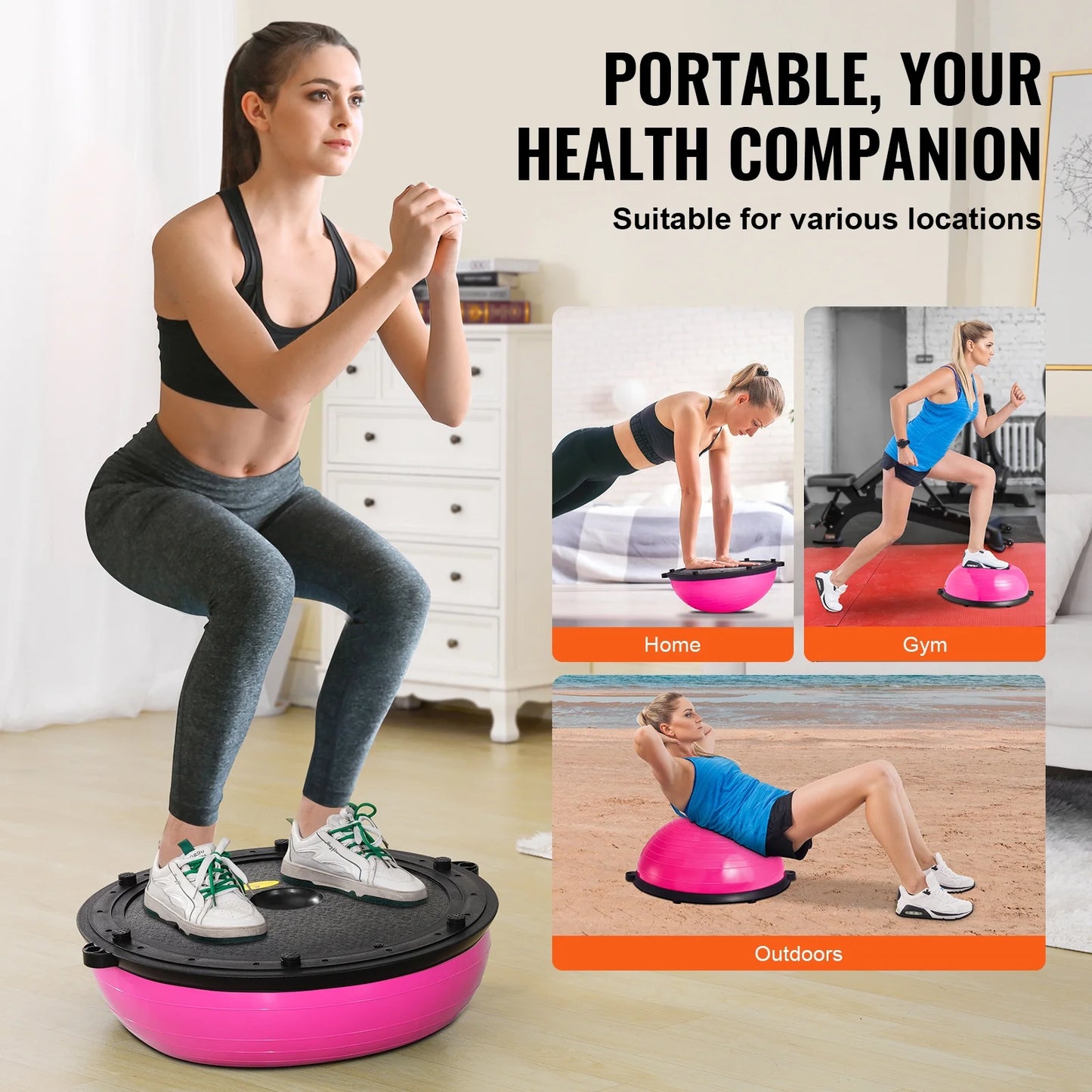 Pink Fitness Essentials Half Balance Ball Trainer with resistance bands, foot pump, 23-inch stability ball for full body home fitness.