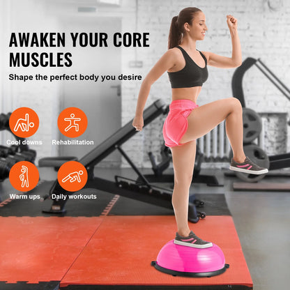 Pink Fitness Essentials Half Balance Ball Trainer, 23-inch stability ball with resistance bands and foot pump for full body home fitness.