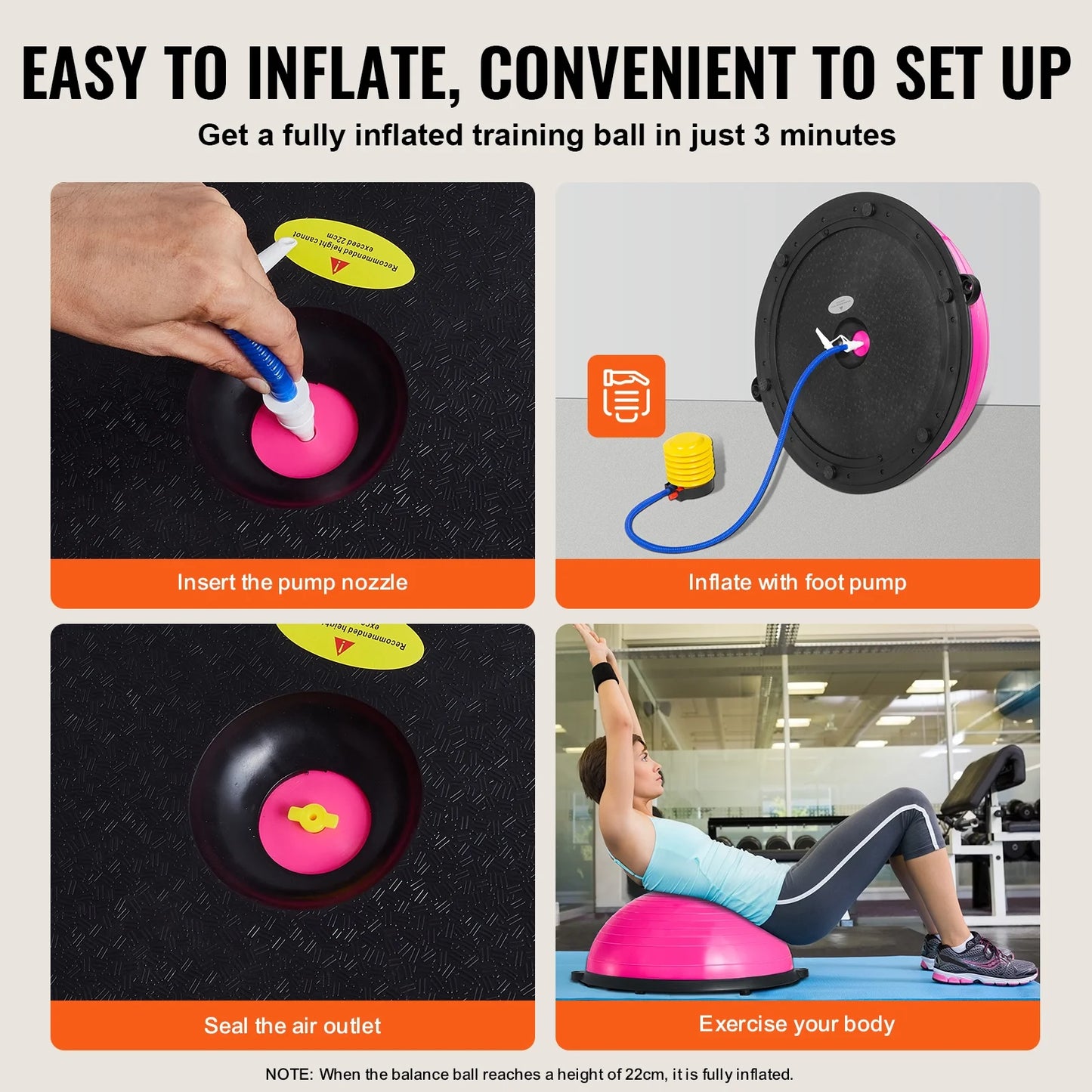 Pink Fitness Essentials Half Balance Ball Trainer, 23-inch stability ball with resistance bands and foot pump for full-body home workouts