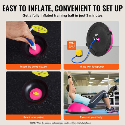 Pink Fitness Essentials Half Balance Ball Trainer, 23-inch stability ball with resistance bands and foot pump for full-body home workouts