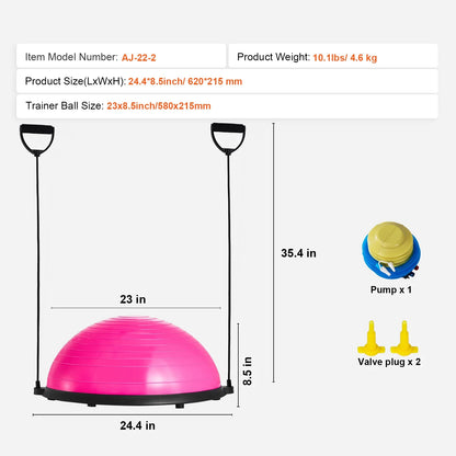 Pink Fitness Essentials 23-inch half balance ball trainer with resistance bands and foot pump for full body home fitness.